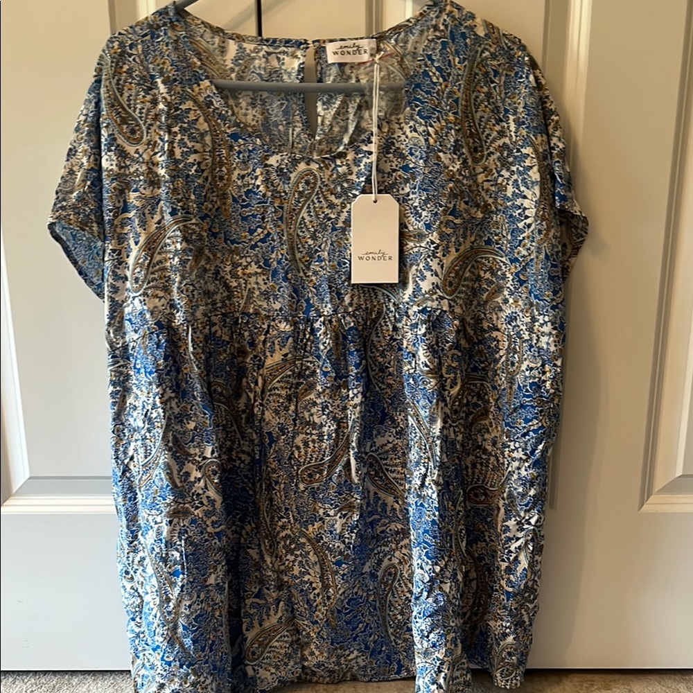 Blue and White Relaxed Short Sleeve Blouse